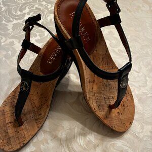 Lauren Ralph Lauren Navy Cork Wedge Sandals T Strap Adjustable Buckle-NEW - 6.5B